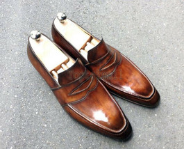 Handmade Men&#39;s Leather Two Tone Brown Loafers Slip Ons Dress Custom shoe... - £179.40 GBP