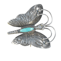 Vintage Navajo Heavy stamped silver butterfly pin with turquoise - £160.98 GBP