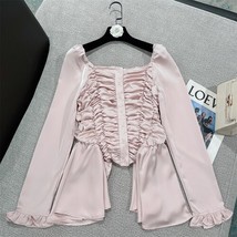2022 Early Autumn Slim Top Women New Cute Pink Pleated  Off- Chiffon Shirt Long  - £211.74 GBP