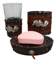 Rustic Western Horses with Faux Floral Tooled Leather 3 Pc Bathroom Vanity Set - £31.96 GBP