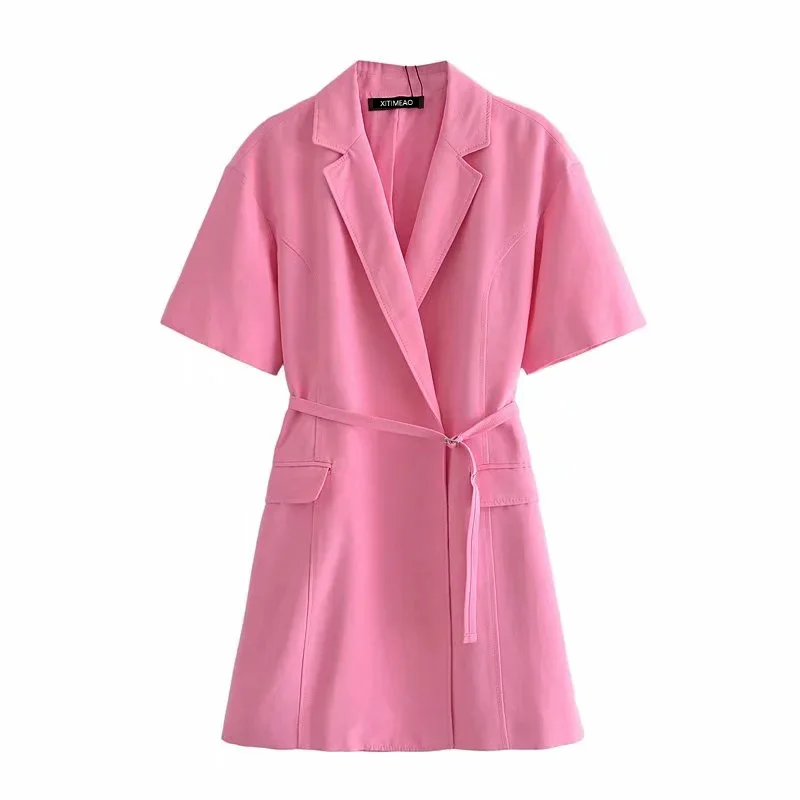 Xitimeao Women Summer  Pink Blazers Short Sleeve Slim Dress Coat Vintage Female  - £150.54 GBP