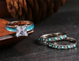 Silver plated Turquoise and Rhinestones Ring Set 3 NEW Size 8 image 2