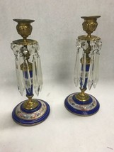 Vintage pair brass painted cobalt blue candle holder stick crystal prisms 9 in - £157.30 GBP