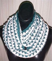 Hand Crochet Jade Green/White Loop Infinity Circle Scarf/Neckwarmer #202... - $13.09