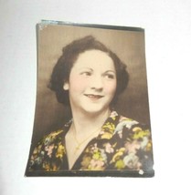 Vintage Hand-Tinted Photo Smiling Woman With Floral Dress &amp; Cross Necklace 5 x 7 - £10.94 GBP