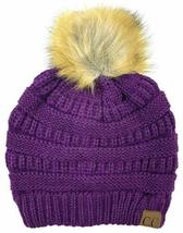 Purple - Beanie Hat Stretch Cable Knit Ribbed Super Soft Faux Fur Pom Pom - £20.60 GBP