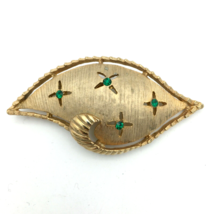 TEXTURED LEAF vintage 50 60s pin - brushed goldtone green rhinestone 2.5&quot; brooch - £11.79 GBP