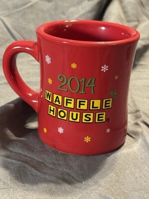 Waffle House 2014 Holiday Mug – “Peace Joy Waffles” Red Snowman Tuxton Coffee Item image 2