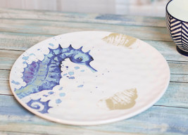 Ebros Nautical Marine Blue &amp; White Seahorse Ceramic Round Dinner Plates 2 Pack - £27.45 GBP