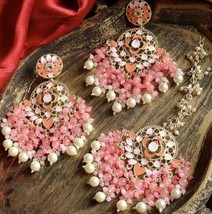 Gold Plated Bollywood Indian Kundan Enameled Earrings Tikka Pink Jewelry Set - £30.25 GBP