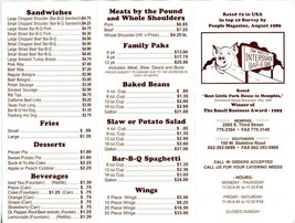 Jim Neely&#39;s Interstate Bar-B-Que Restaurant Menu Memphis Tennessee  - £14.31 GBP