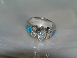 Estate 925 Marked Silver Lab Created Opal with Light Blue Topaz Marquise Ring - £21.37 GBP