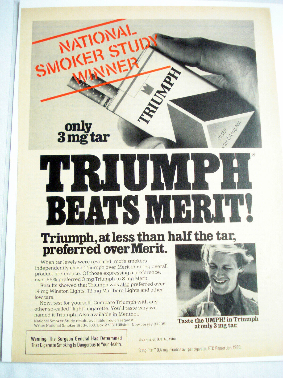 1980 Ad Triumph Cigarettes Less Than Half the Tar, Preferred Over Merit - $7.99