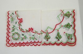 Christmas Hankies Handkerchief Trees Stars Bells Scalloped Edge Red Green Lot 2 - £24.08 GBP
