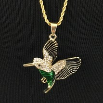 ESTATE enamel &amp; rhinestone hummingbird pendant on 30&quot; Trifari gold rope necklace - £19.54 GBP
