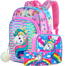 3PCS Unicorn Backpack for Girls16&quot; Little Kids Sequin Preschool Bookbag and Lunc - £32.19 GBP