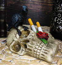 Gothic Raven Crow Perching On Rose Skull Cigarette Ashtray Jewelry Dish Figurine - £16.83 GBP