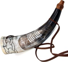 Viking War Horn - 16&quot; Real Ox-Horn Battle Trumpet - Premium Hand Engraved Boat - £71.92 GBP