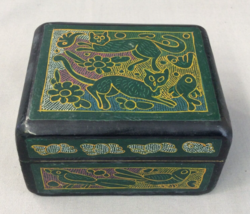 Handpainted Wooden Box Cats Fish Birds Green Blue Folk Art - £17.43 GBP