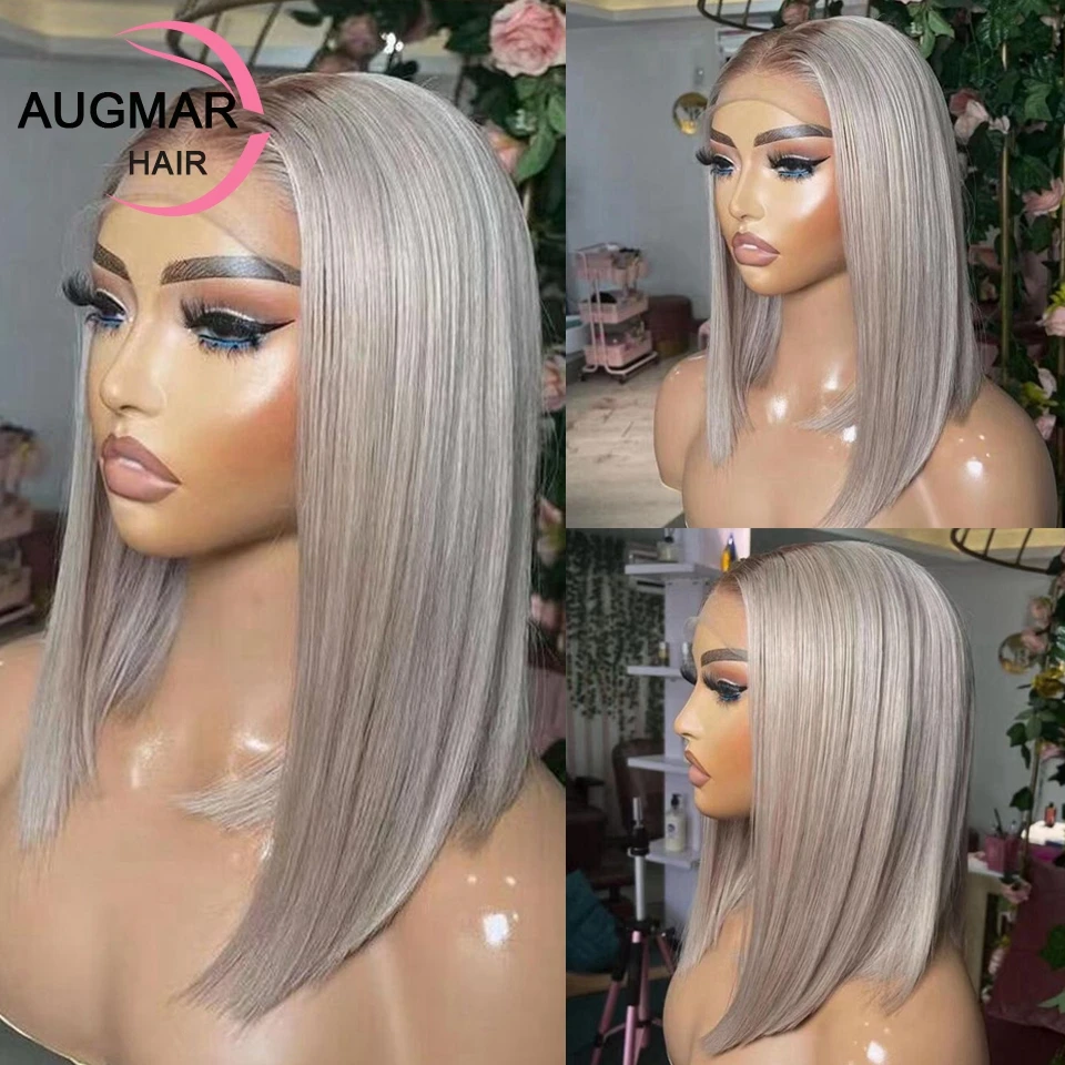 Grey Short 360 Lace Frontal Wig Platinum Blonde Ombre Wig Gluelese 13x4 HD - £90.00 GBP+