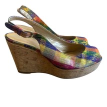 Stuart Weitzman Jean Platform Wedge Sandals Slingback Plaid Colorful Size 8 - $62.89