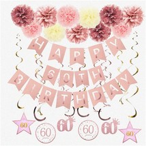 Sparkling Rose Gold 60th Birthday Celebration Kit - Glittery Banner, Poms, Hangi - $43.55