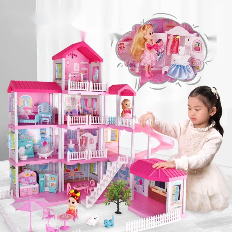 A diy dollhouses pink castle play with slide yard kit assembled doll house toy birthday thumb200