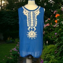 Banana Republic Embroidered Top Sz M 8 Gauzy Cotton Sheer Sleeveless Zipper Blue - £14.70 GBP