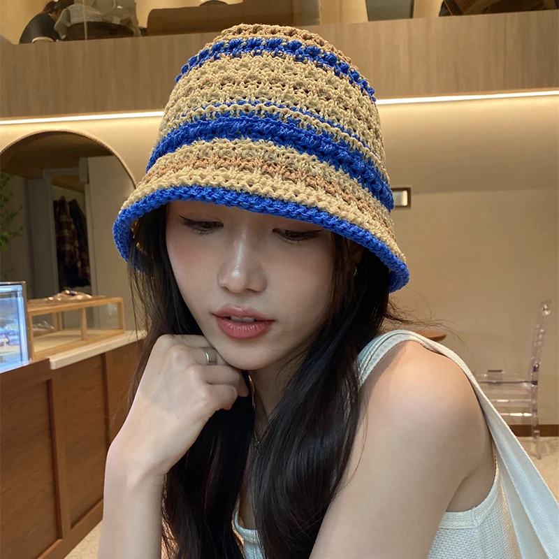 Women Knitted Bucket Hat Soft Breathable Knitted Striped Wide Brim Bucket Hat - £13.59 GBP
