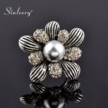 SINLEERY Vintage Simulated Gray Pearl Big Rings For Women Antique Silver Color C - £6.77 GBP