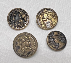 4 Antique Round Metal Dress Buttons Women w Hats and Umbrella Flasher Ring - $267.66 MXN
