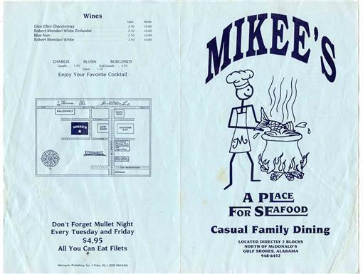 Primary image for Mikee's A Place for Seafood Menu Gulf Shores Alabama