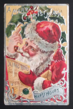 A Merry Christmas Happy Hours Santa w/ Pipe Reading News Embossed Postcard 1908 - $14.99