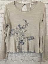 LC Lauren Conrad Womens Medium Peplum Top Tan Blue Floral Long Sleeve Stretch - £8.74 GBP