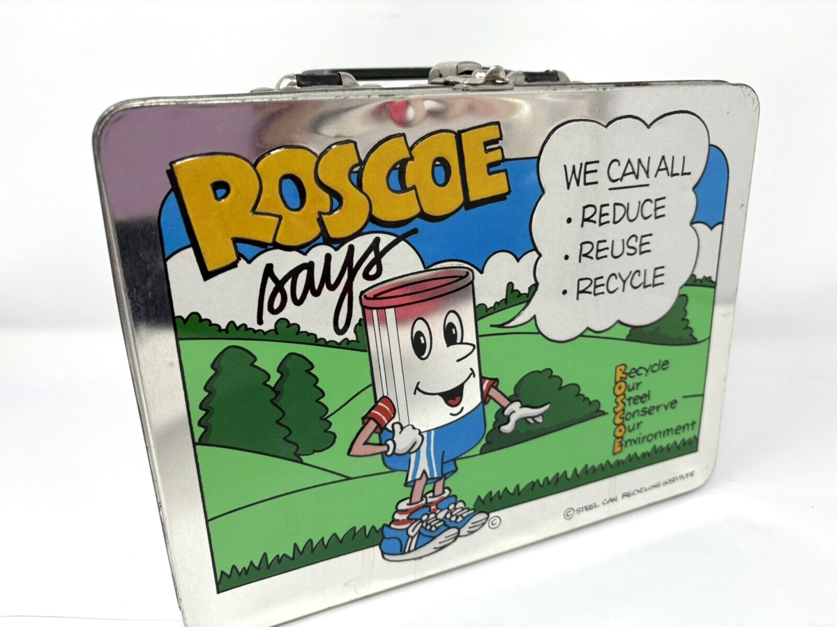 Rare Vintage 1990&#39;s Roscoe Says Steel Can Recyling Metal Lunch Box - $18.99