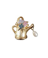 Avon Watering Can Brooch Lapel Pin Gold Colored w/ Pastel Flowers Dangli... - $9.05 CAD