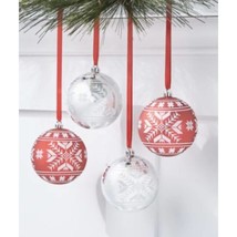 Holiday Lane Christmas Cheer Set of 4 Round Red Silver Ornaments Shatterproof - £12.35 GBP