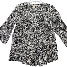 World Market Women Shirt Size M Black Preppy Floral Pintuck Pleat 3/4 Sleeve Top - £12.83 GBP