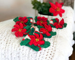 Set of 6 Vintage Knit Green White Red Flower Napkin Ring Holders Poinsettia - $14.84
