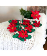 Set of 6 Vintage Knit Green White Red Flower Napkin Ring Holders Poinsettia - £11.72 GBP