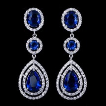 Pera CZ Bridal Jewelry Long Big Halo Water Drop Royal Blue Cubic Zirconia Stone  - £18.32 GBP