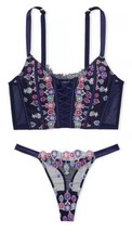 Victorias Secret Dream Angels Corset Bra &amp; Thong Set Bejeweled Embroidery Blue M - £43.47 GBP