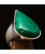 Minimalist mirror polished Green Pear Malachite Sterling Silver Ring - S... - £55.15 GBP