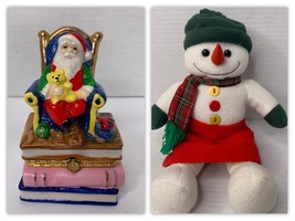 2 Pc Set Porcelain Santa Figurine Trinket Box And Snowman Girl Plush Decoration - £6.36 GBP