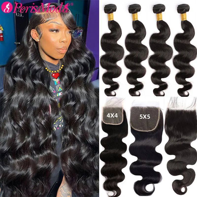 PerisModa Body Wave Bundles Human Hair With Closure 5x5 Transparent Lace 4×4 - £94.65 GBP+