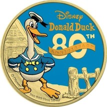 1 Oz Silver Coin 2014 $2 Disney Donald Duck 80th Anniversary Yellow Gilded Gold - £92.54 GBP