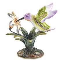 Bejeweled Gold Toned Enameled Viola Hummingbird &amp; Daylily Trinket Box - £133.67 GBP