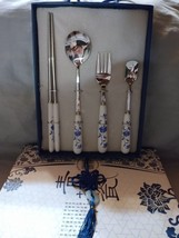 4 piece floral japanese blue white ceramic tableware. Fork. Spoon. Knife... - $12.19