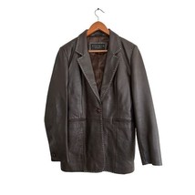 LEATHER Elements Brown 100% Leather Jacket Beige Stitching Pockets Lined - $39.59