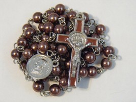 Copper color brown glass bead rosary St Benedict enamel crucifix Papa Fr... - £15.63 GBP